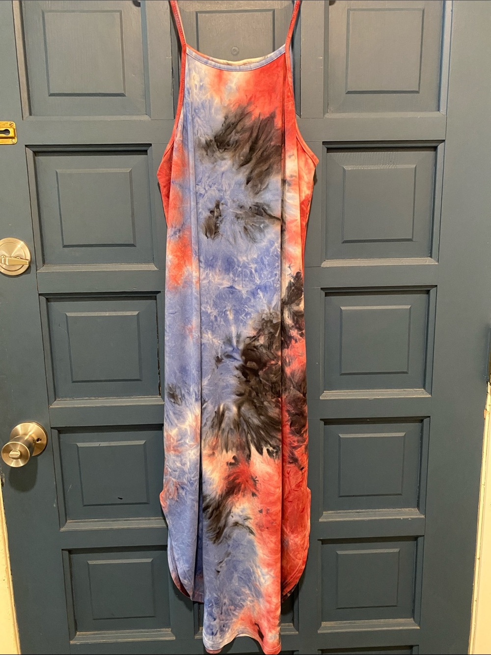 Tie-Dye Maxi Slip Dress in Blue, Coral & Black